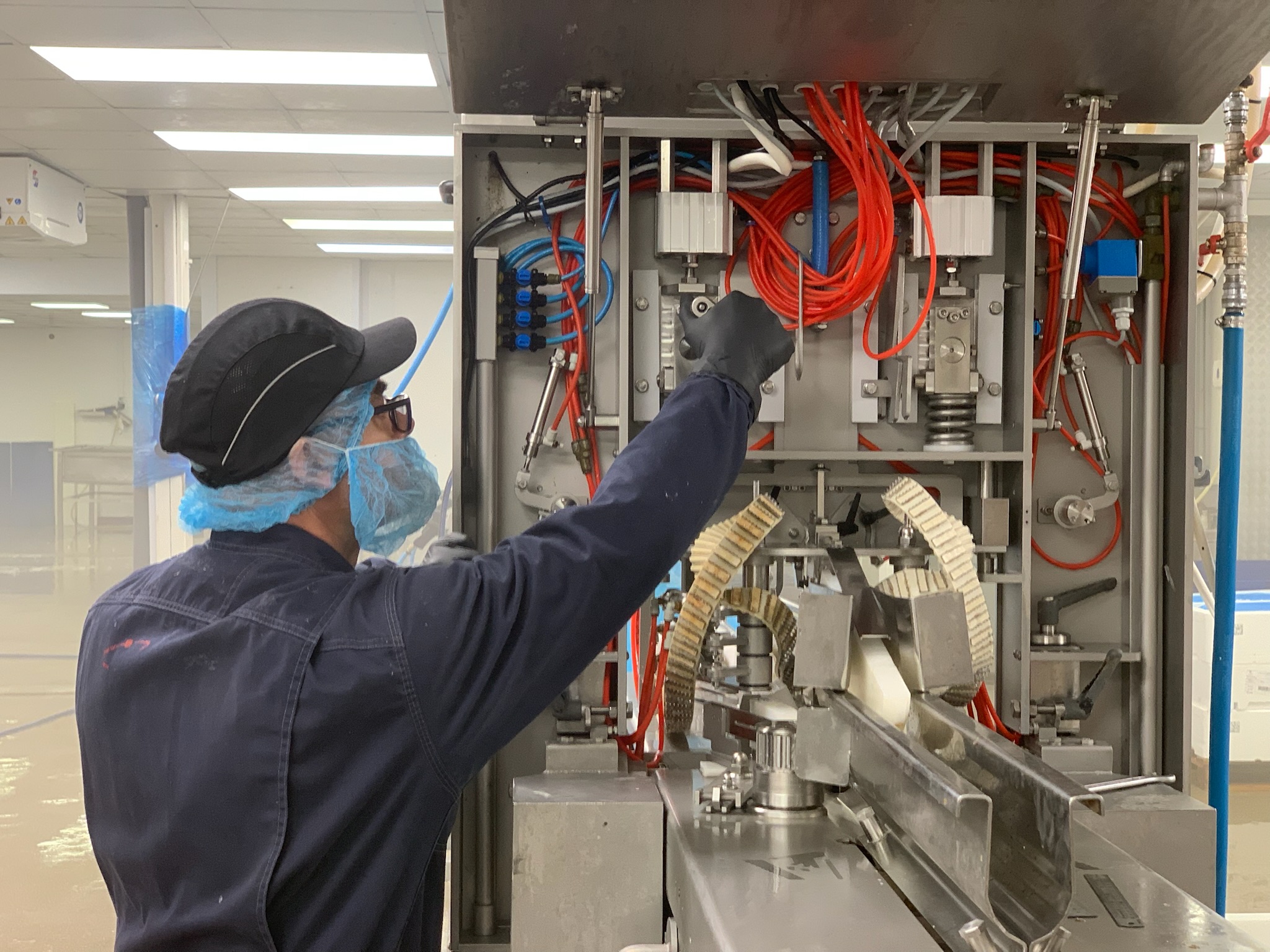 Engineer performing preventive maintenance on a fish processing line.